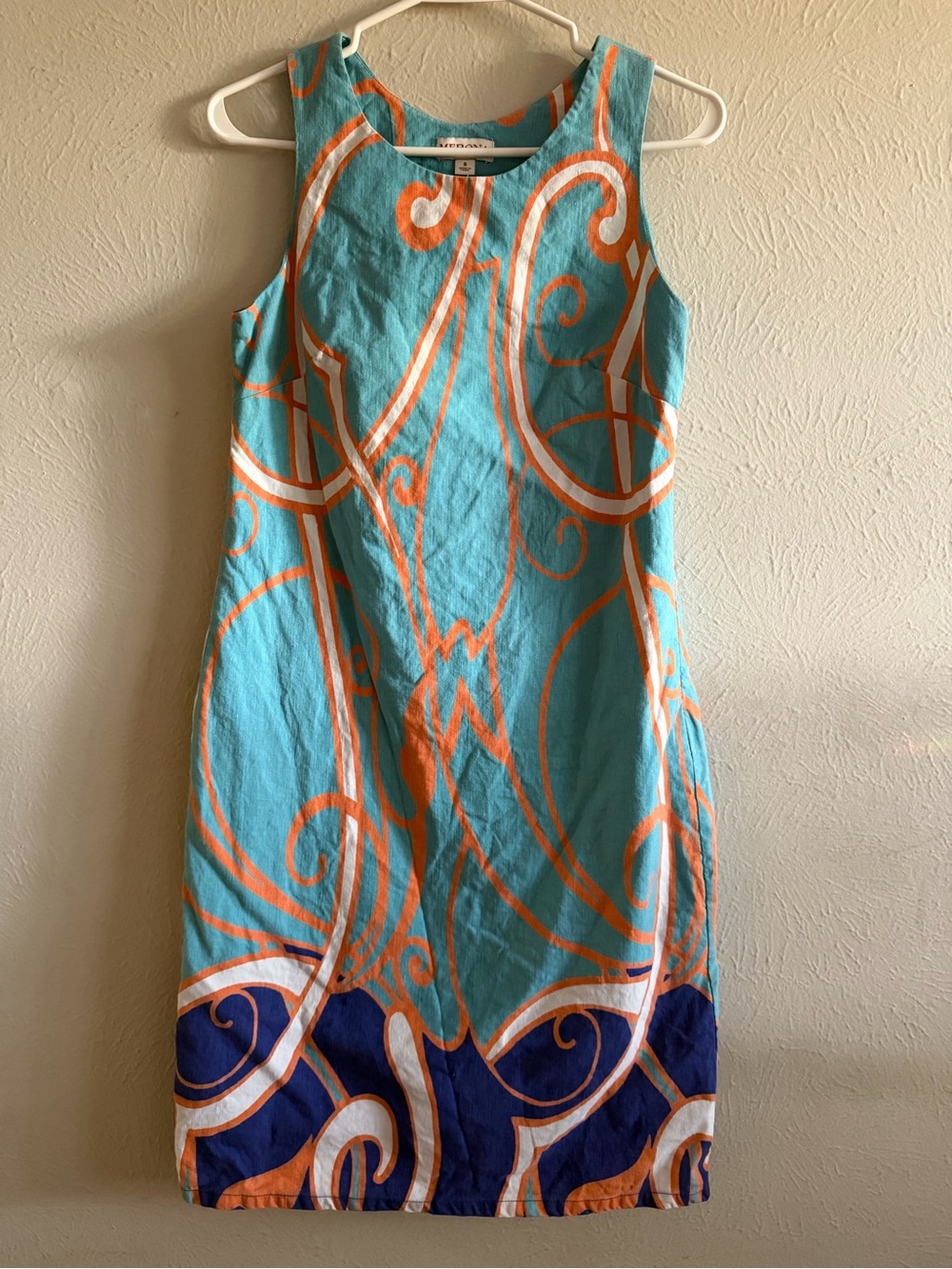Merona Turquoise, Orange & Navy Printed Sleeveless Shift Dress